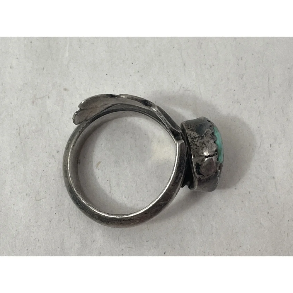 Vintage Sterling Silver Turquoise Ring Leaf Design Rustic Size 6